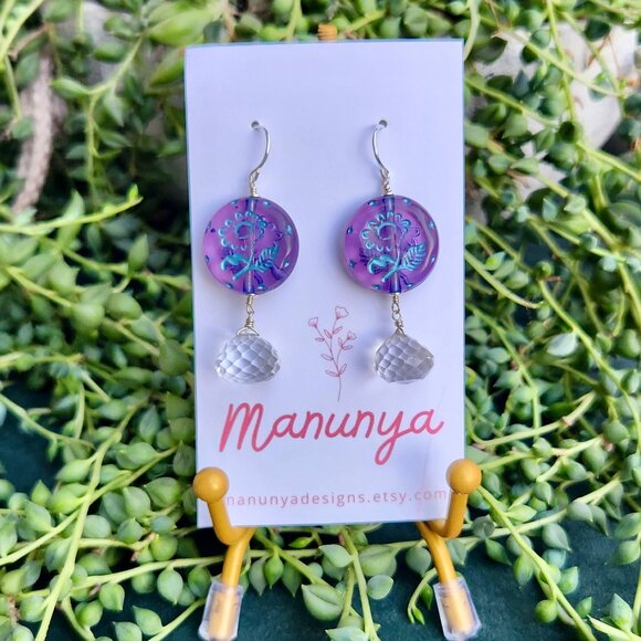 Dangle Flower Earrings - Blue, Green, Purple - Picture 6 of 13